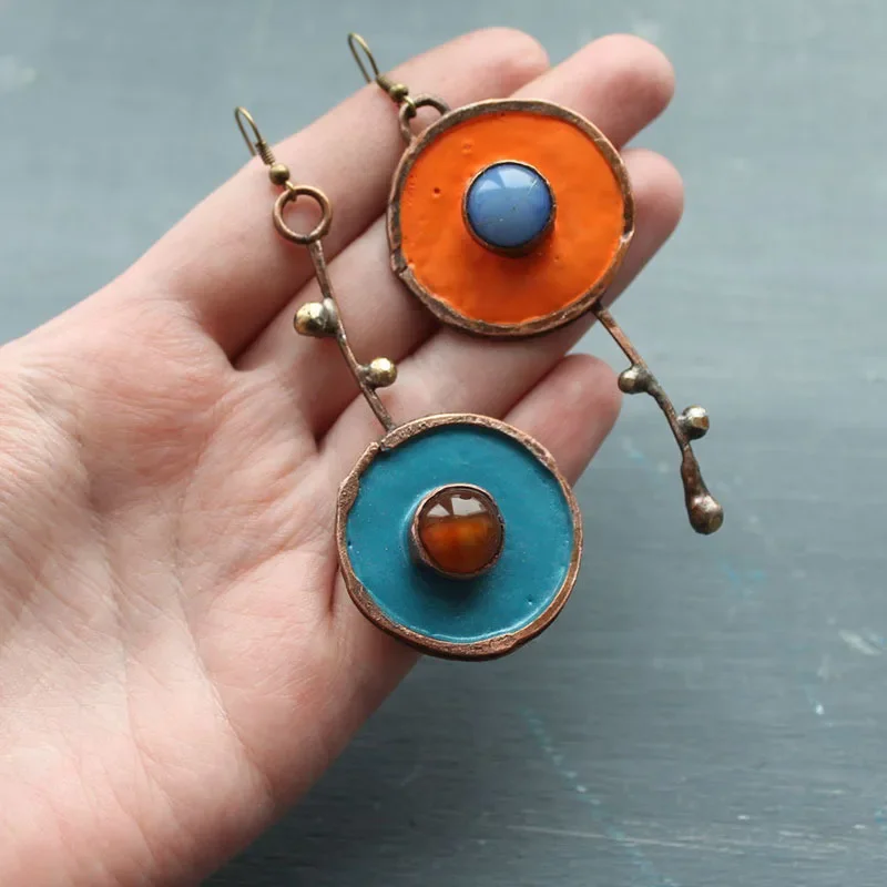 Tribal Round Red Black Oil Dripping Earrings Retro Jewelry Silver Color Metal Handmade Dangle Earrings Women Gift