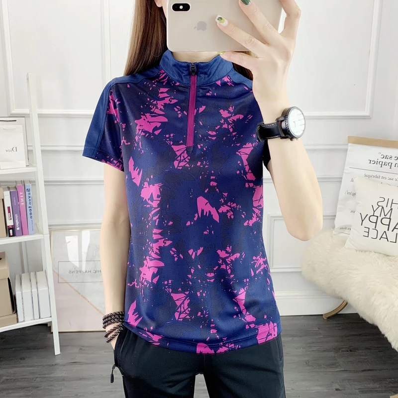 Summer Short T-shirt Women Outdoor Sport Quick Dry Breathable Running Hiking Camping Camouflage Pattern Plus Size Stand Collar