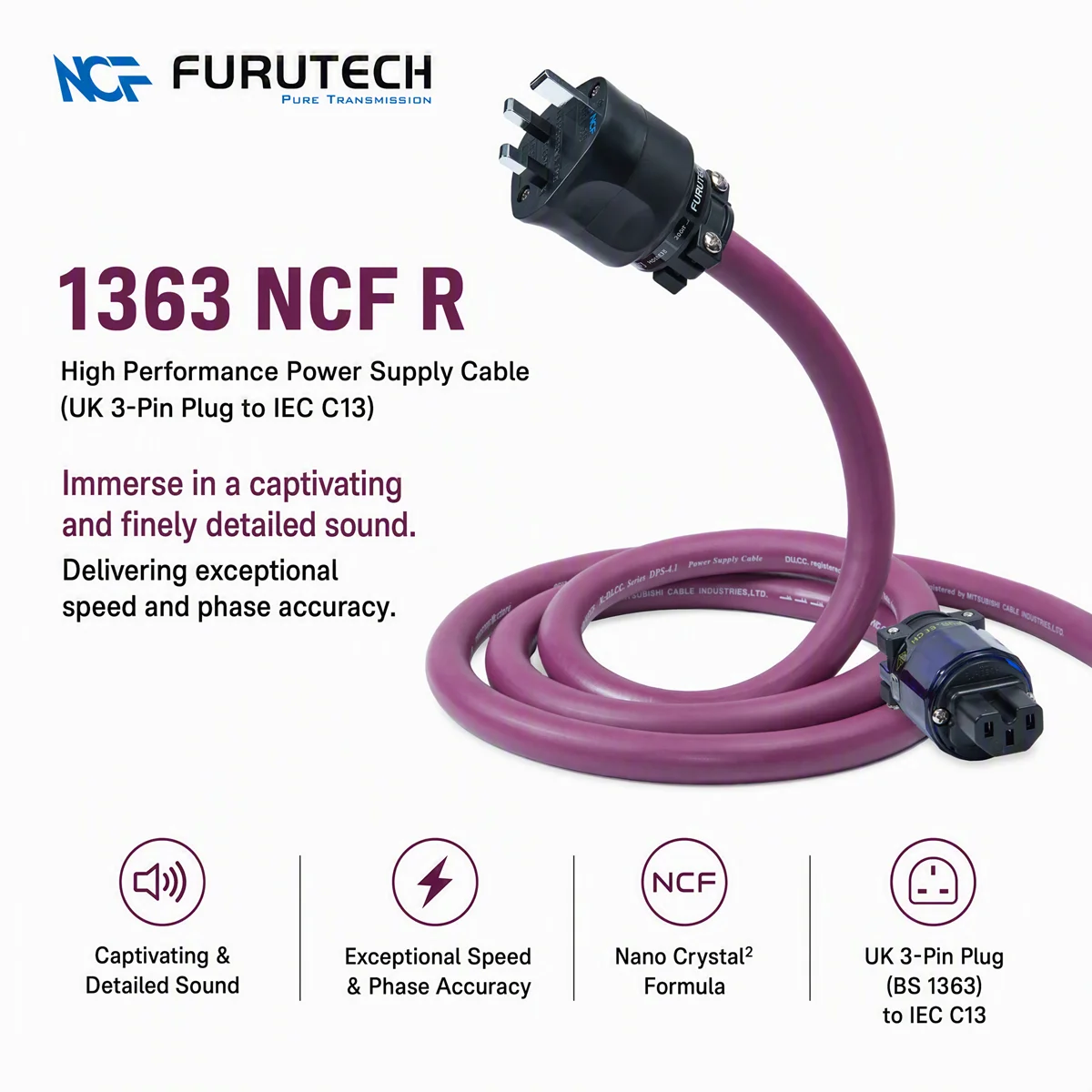 Furutech Alpha‑DUCC‑DPS‑4.1 High‑End Power Cable Assembled FI‑UK1363 NCF‑R UK Plug Power Cord for Audiophile Amplifier CD DAC