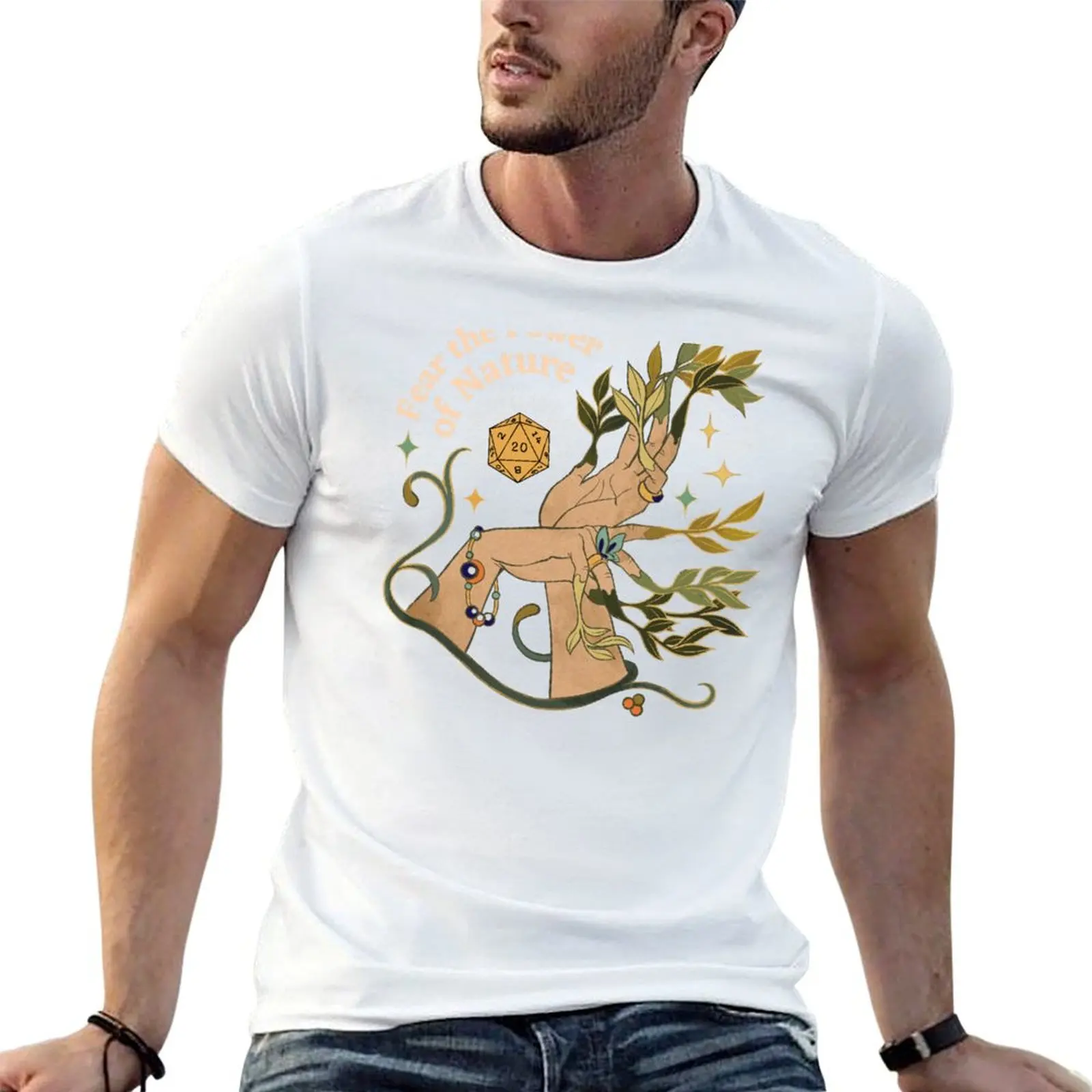 NATURE DRUID, Dnd Dice, Botanical Hands and stars: Fear the Power of Nature T-Shirt Basic Regular Fit Casual T-Shirt