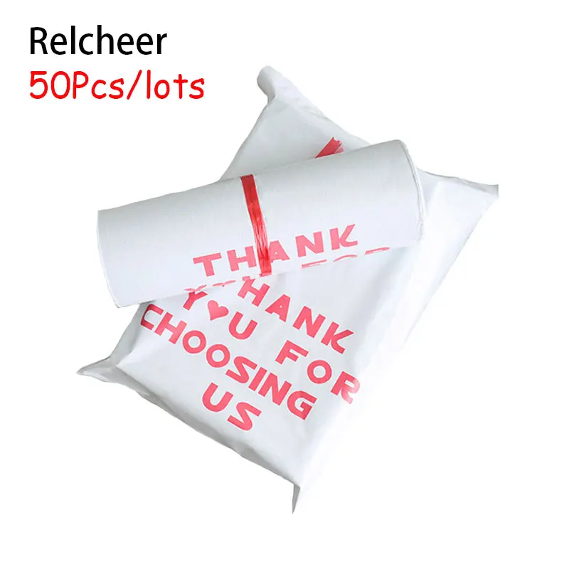 

Relcheer 50Pcs White Clothing E-commerce Shipping Bags THANK YOU Express Poly Package Bag Custom LOGO Logistics Courier Pouch