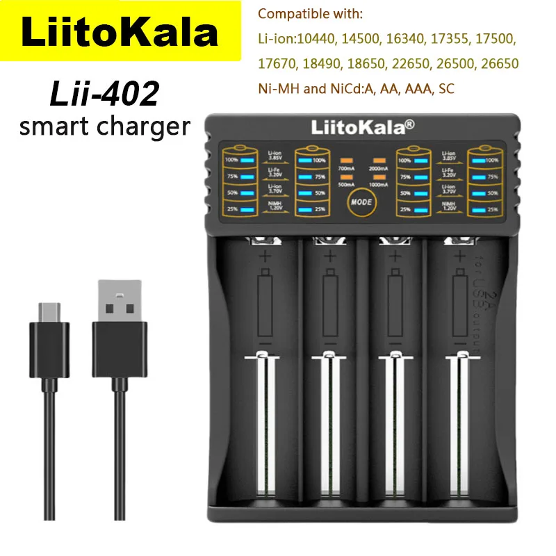 

LiitoKala Lii-402 , 1-4 Slots, Dual Charging, 3.7V, 16340, 14500, 18650, 26650,AA Rechargeable Lithium Battery Charger