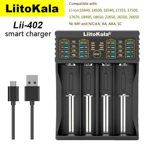LiitoKala Lii-402, 1-4 slot, doppia ricarica, 3,7 V, 16340, 14500, 18650, 26650, caricabatteria al litio ricaricabile AA