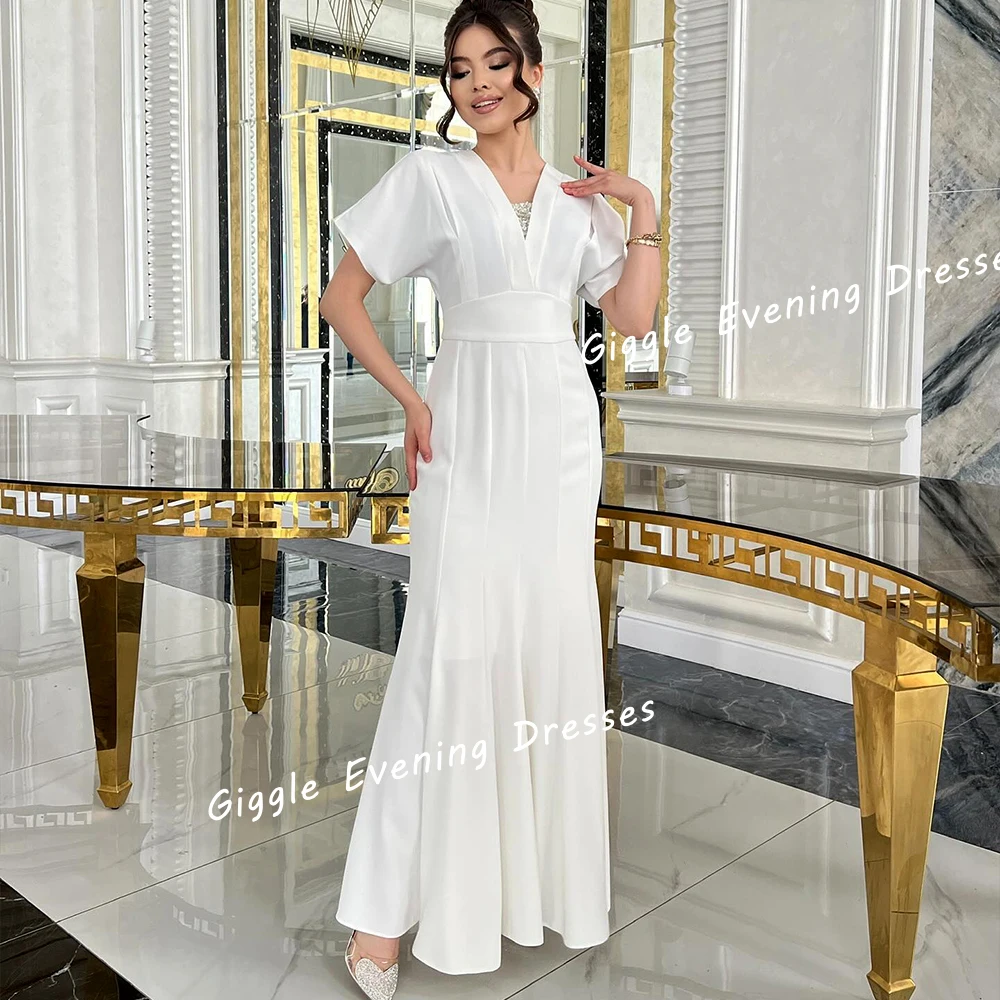 

V-Neck A-Line Draped Crepe ثوب السهرة Prom Gown Saudi Arab Beading Luxury Gala Ankle-Length Elegant Women Evening Dresses 2024