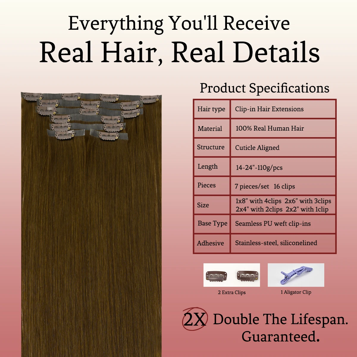 LOVELINE وصلات شعر بمشبك غير مرئي شعر بشري أوروبي 7 قطع مع 16 مشبك 14–24 بوصة وصلات بمشبك للحجم المضاف #4