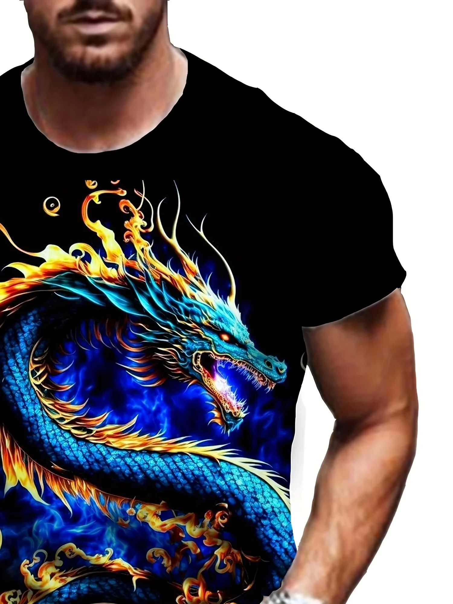 Camiseta masculina com estampa de dragão 3D vibrante – poliéster, camiseta casual e esportiva com gola redonda, lavável à máquina, ideal para festas