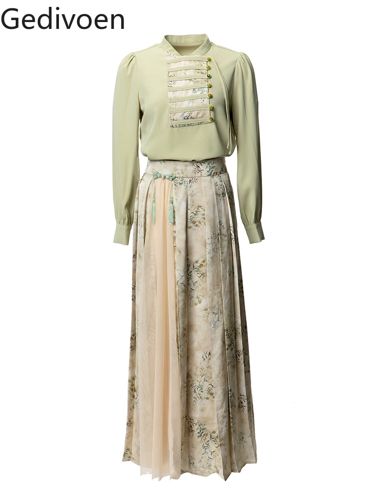 

Gedivoen Spring Summer Fashion Designer Women Skirt Sets Beading Shirt+ FLowers Print Patchwork Skirt Temperament Party Sets