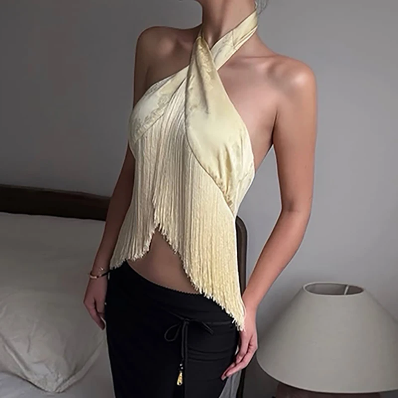 Cross Hanging Neck Hollow Club Party Top Summer Tassel Design Slim Fit Music Festival Tees Lady Fashion Backless Holiday Blouses