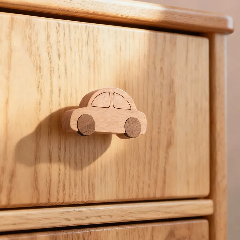 AOBT Solid Wood Kids' Room Wardrobe handle with Creative Natural Color Car Handle Design Girls' Cabinet with Drawers for Storage