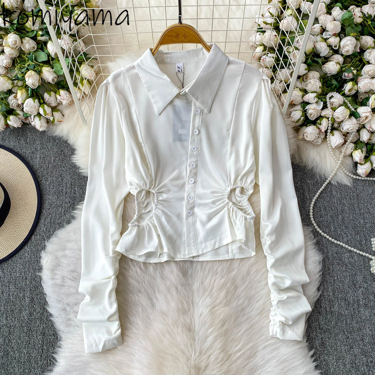 

Hollow Out Waist 2025 Shirts & Blouses Long Sleeve Ruched Blusas Mujer Sexy Woman Clothing Single Breasted Ropa Fall Camisas