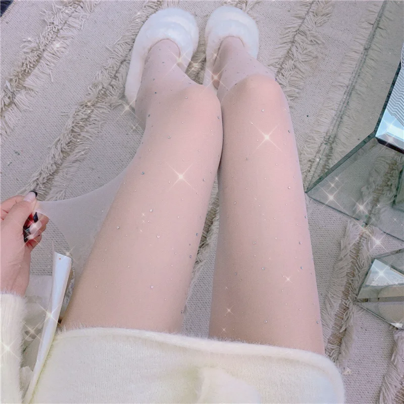 White Glittering Silk Stockings with Drill for Women Sexy Ultra-thin Pantyhose with Diamond Tights Elastic Stockings Above Knee