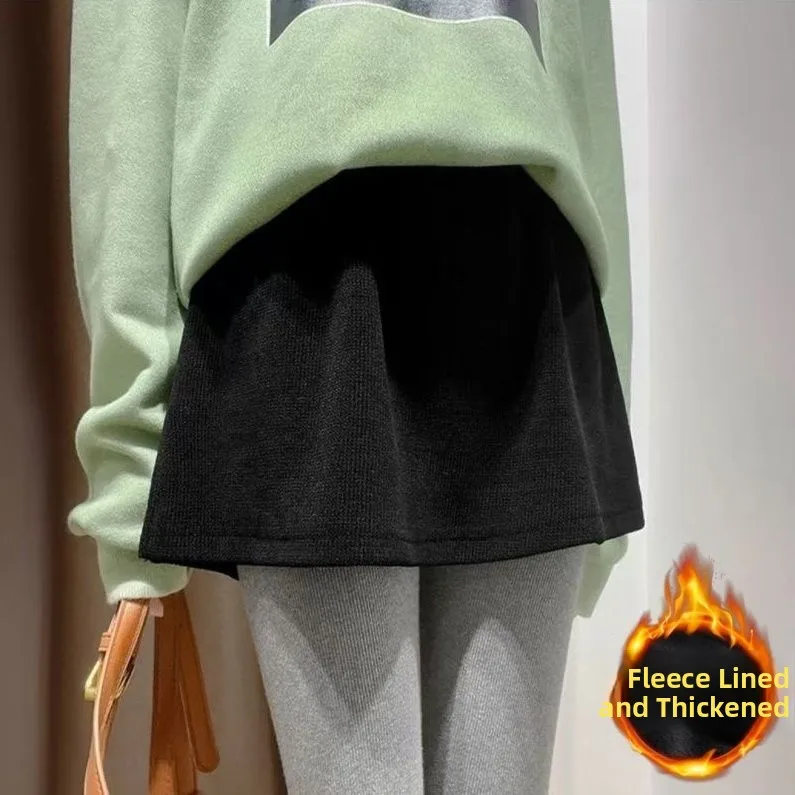 Women's Fleece Lined Thickened Sharkskin Pants Hoodie Inner Wear Simple Corduroy Bottoming Skirt Short A-Line Korean Style
