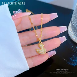Gold Color Cute Zircon Duck Pendant Necklaces for Women Girls Stainless Steel Lip Chain Choker Lovely Charm Accessories Gifts