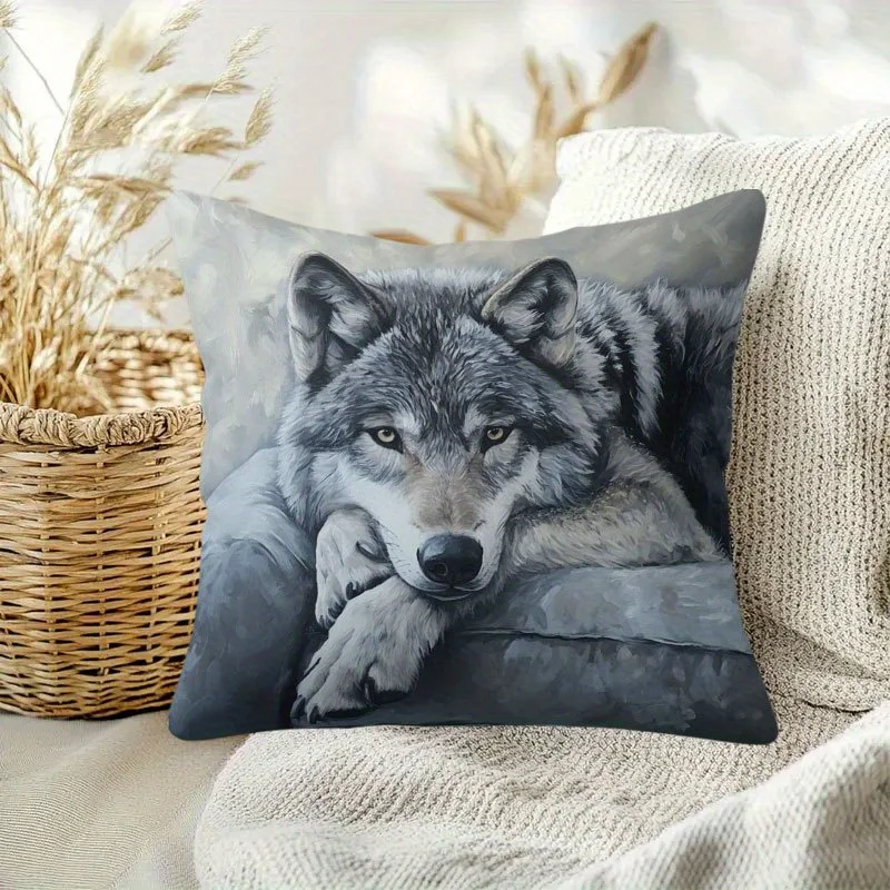 Pillow Covers 45x45 cm Square Wolf Animal Wild Nature Theme Print Plush Polyester Luxury Soft Machine Washable Zipper Cushion Case Cover For Living Room Bedroom Sofa Bed Couch Chair Car Office Cafe Patio Deck Bench Cabin Farmhouse Winter Home Decor Gift