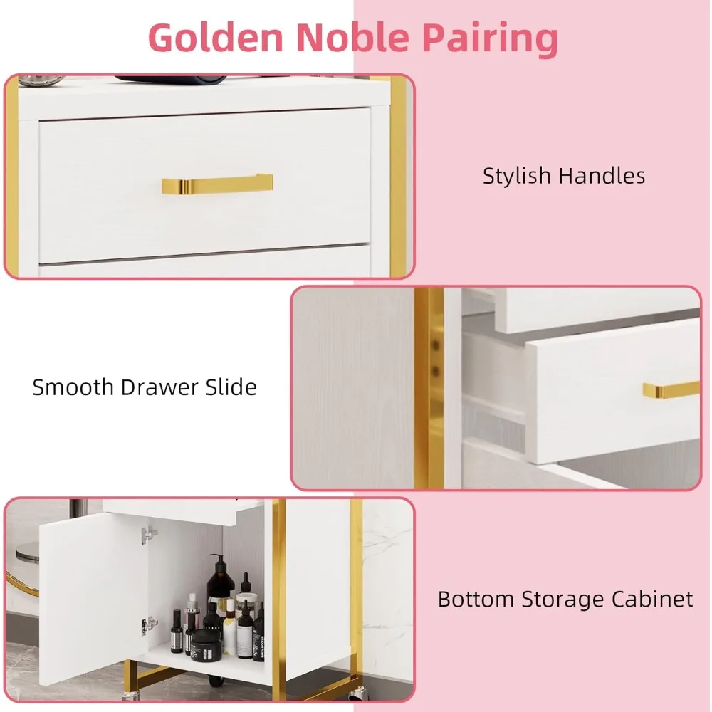 عربة دوارة لصالونات التجميل باللونين الأبيض والذهبي مع عجلات، عربة تجميل متنقلة مع درجين، محطة صالون مع خزانة تخزين للشعر