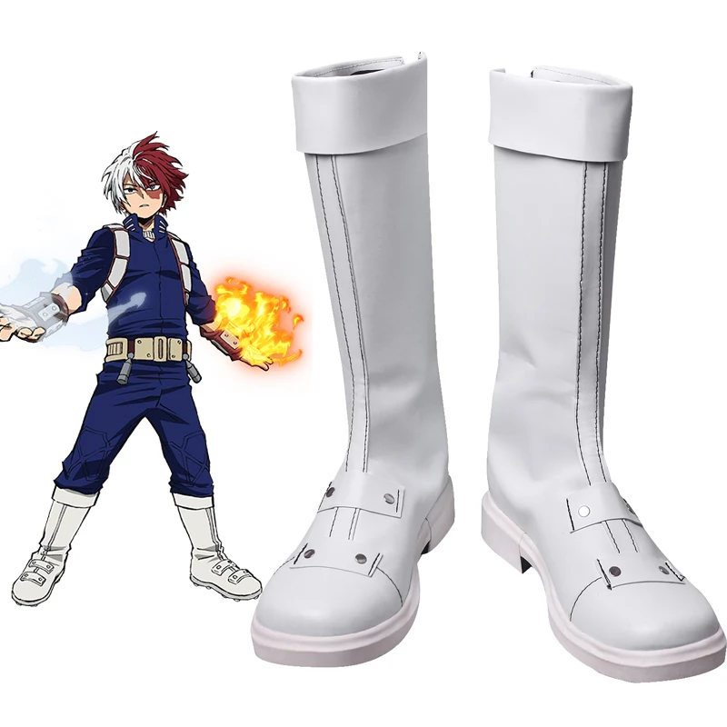 Shoto Todoroki Cosplay Boots White Knee High PU Leather Costume Shoes for Halloween Party