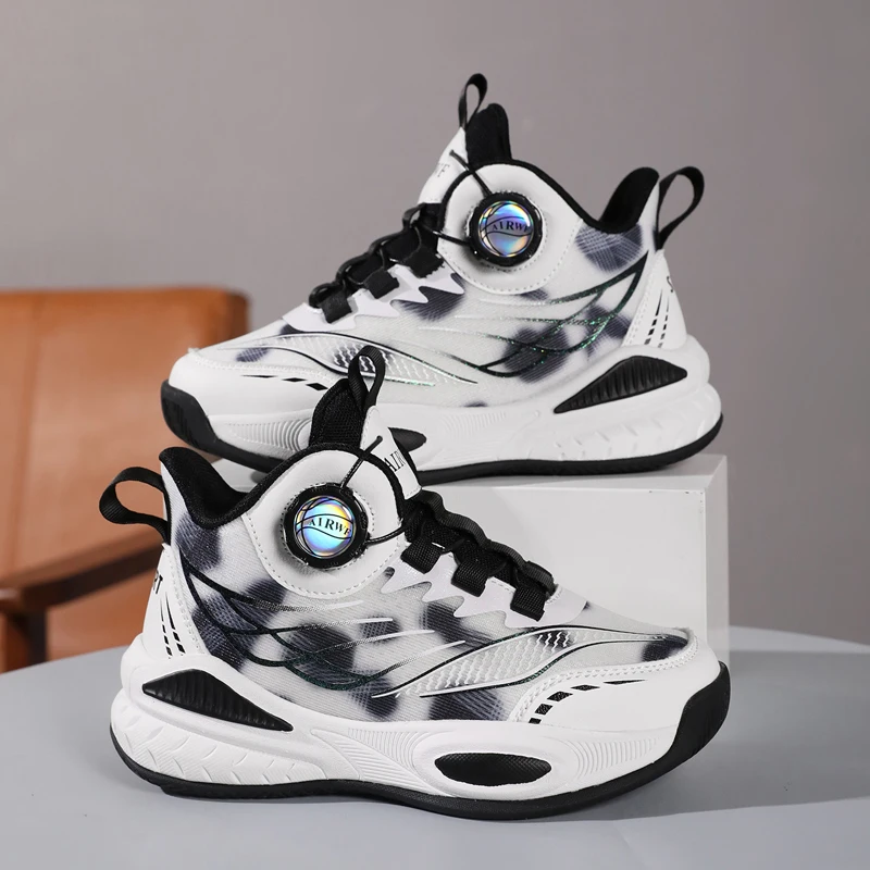 

A Pair Kids Rotary Buckle Basketball Shoes, Anti-slip Cushioning High-top Sneakers, Boys Girls Outdoor Training Footwear TL-W688
