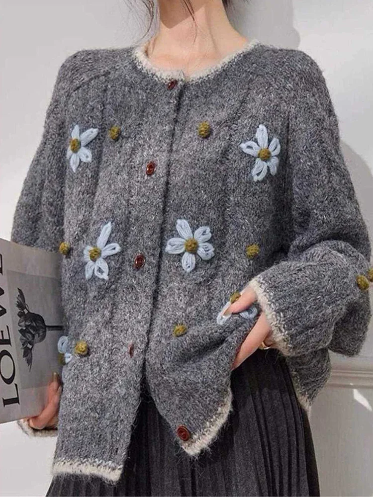 

Elegant Floral Gray Cardigan Women Lazy Wind Long Sleeve Sweet Knitted Sweaters Vintage Japan Casual O Neck Female Retro Tops