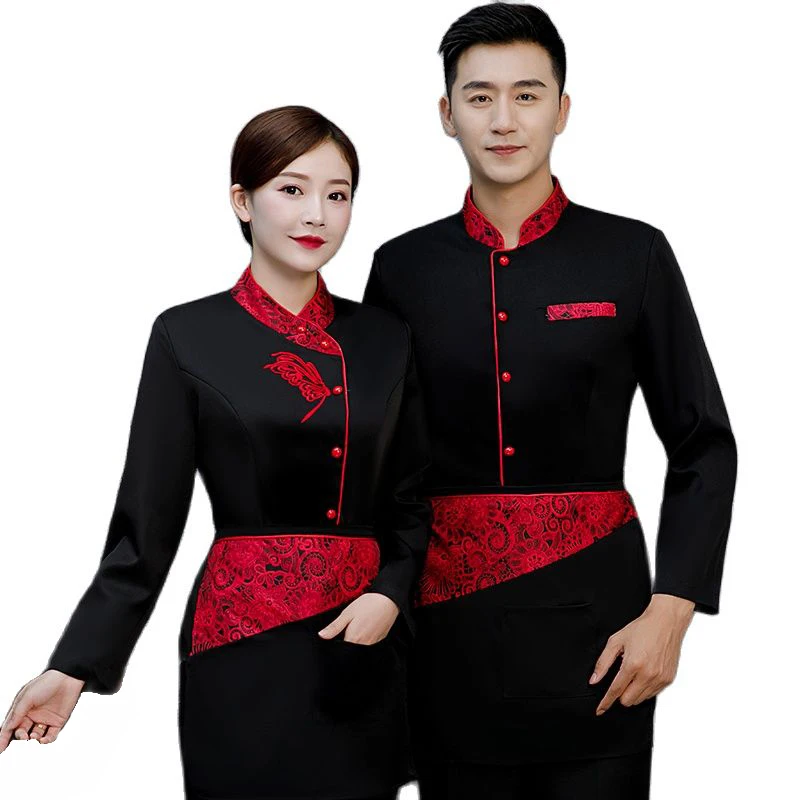 Food Service Uniform Long Sleeve Hotel , Coffee Shop Waiter Clothing Vintage Style Restaurant Work Wear For Men And Women