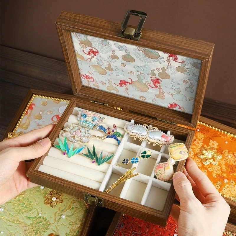 Chinese Retro Wooden Jewelry Box DIY Kit, Song Brocade Jewellery Storage Case Handcraft Material Pack for Team Building Gift