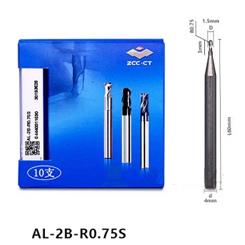 

10pcs AL-2B-R0.75S AL ZCC.CT Solid hard alloy tungsten steel end mill AL-2B-R0.75S Double-edged for aluminum Ball nose end mill