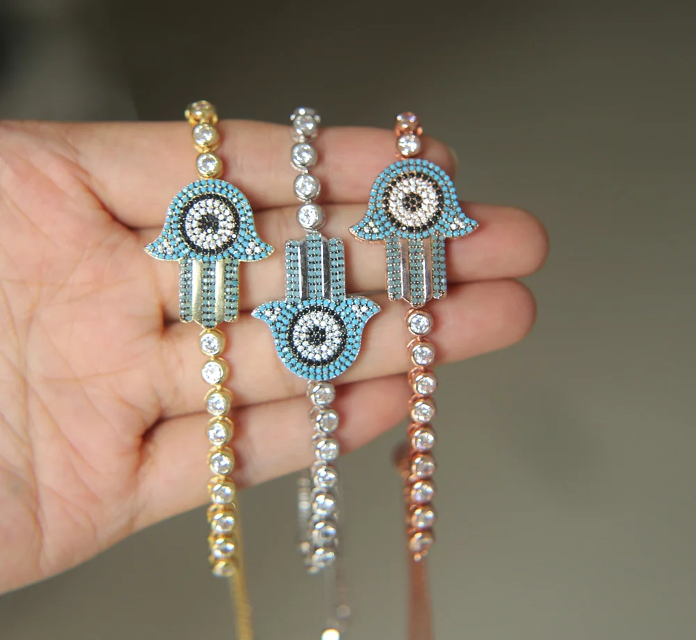 2022 Top Quality Blue purple turkish fashion fatima tennis AAA cubic zirconia bling women girl hamsa hand bracelet hansa jewelry