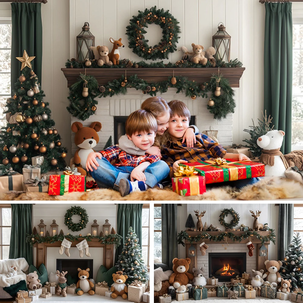 

Christmas Backdrop Photography Window Curtain Fireplace Stockings Gift Toy Bear Baby Photo Photographic Family Party Background