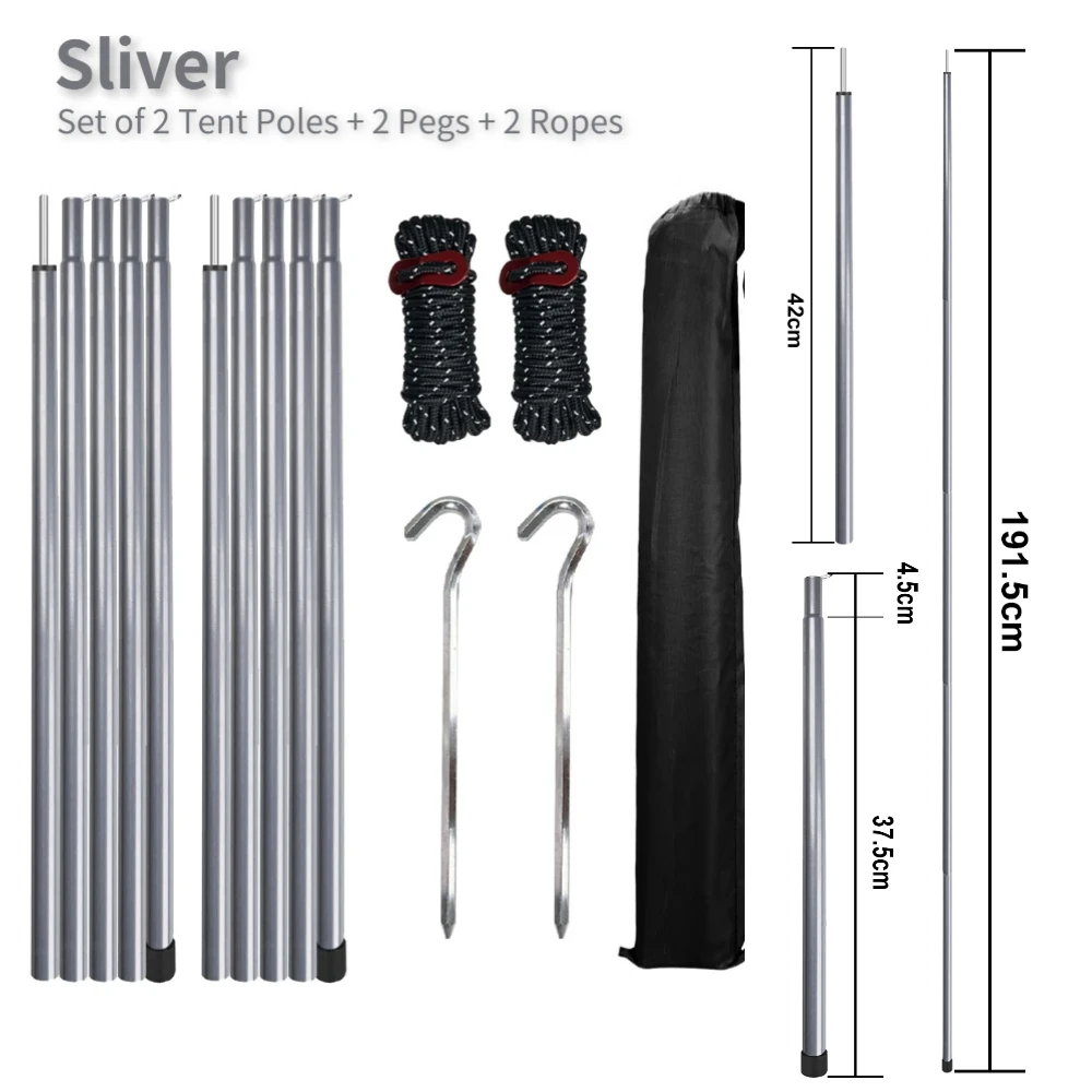 Set of 2 Tent Poles Adjustable Tarp Poles Steel Rods for Sun