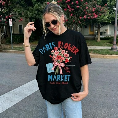 2026 Paris Flower Market Graphic T Shirt Unisex Men Women Vintage Floral Retro Cotton Short Sleeve Casual Streetwear Tee
