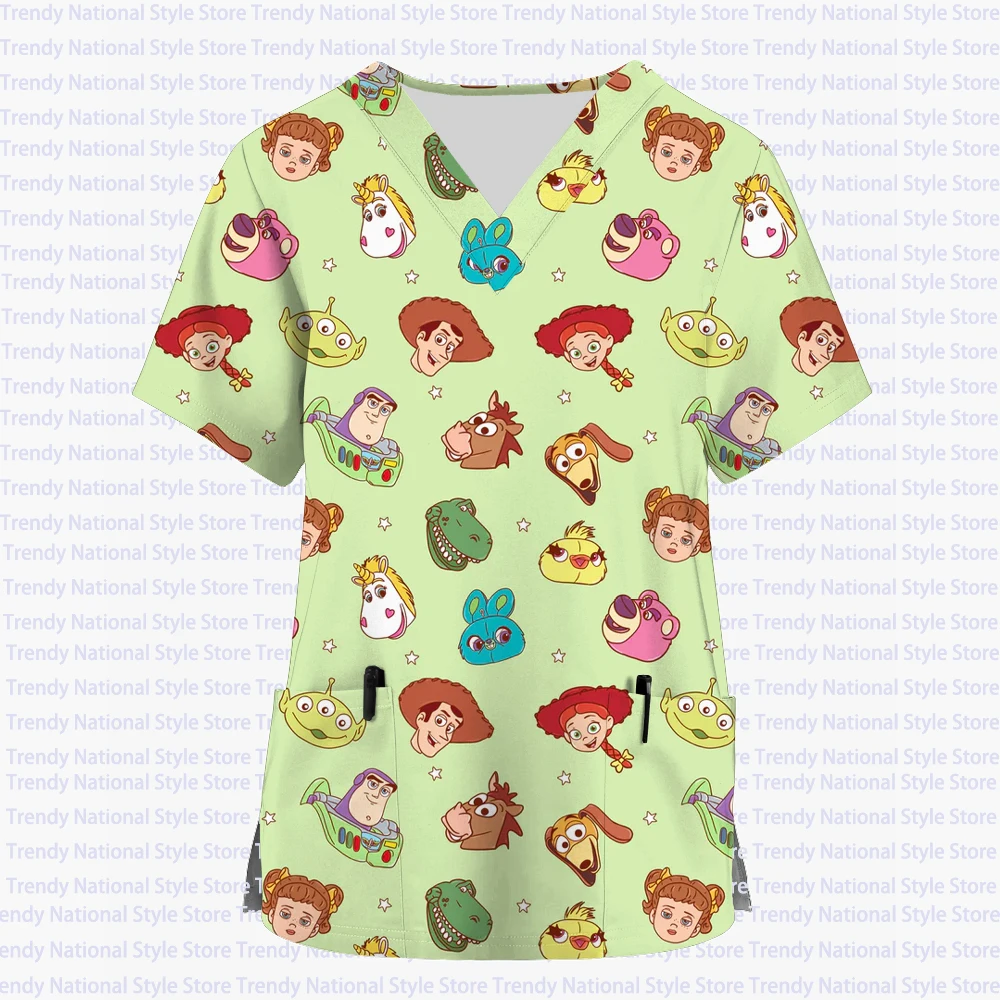 Women's Uniform Animal Print Cartoon Disney Buzz Lightyear V-neck Top Women's Nurse Work Clothes Medical Surgery Uniform