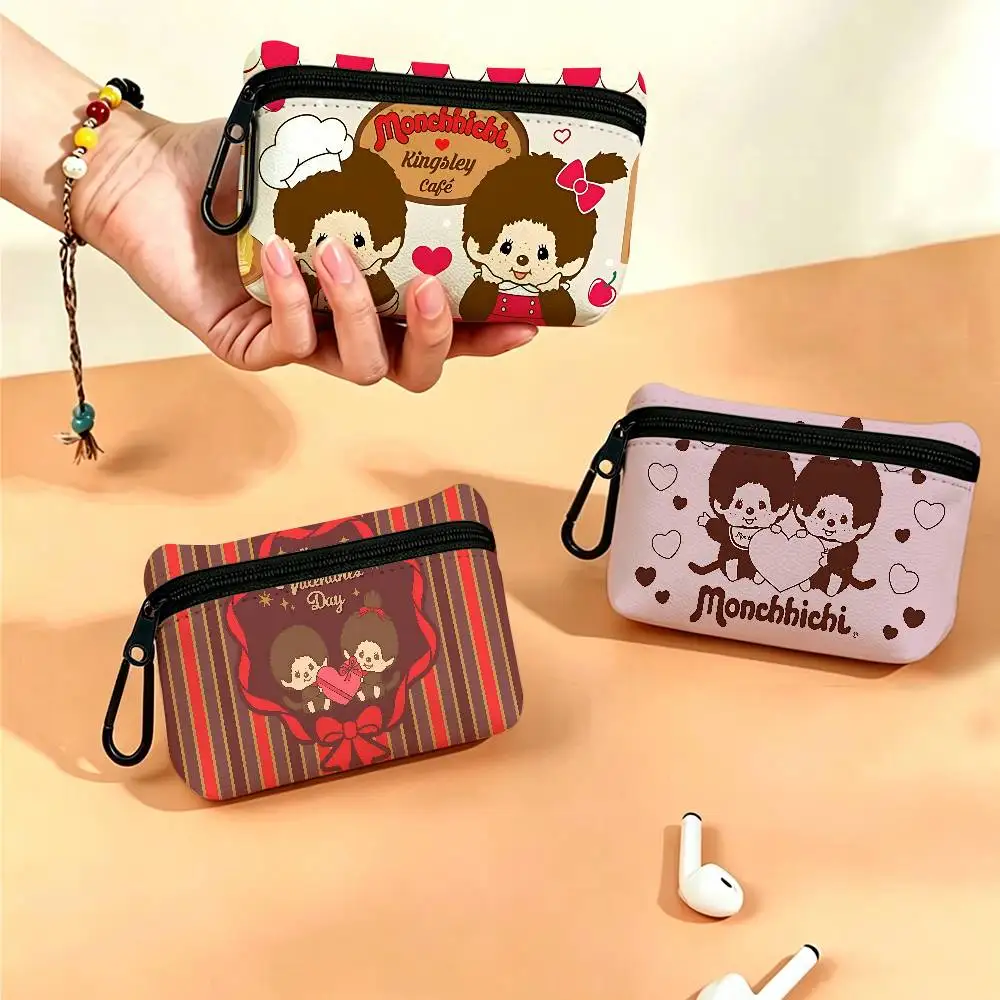 Anime M-Monchhichi Cute Portable Mini Oxford Cloth Coin Purse With Carabiner Hook Zipper Key Card Earphone Storage Wallet