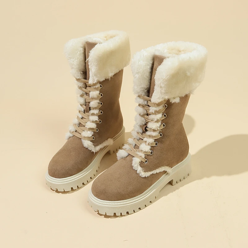 Women's Comfortable Plush Lined Snow Boots, Winter Warm Flat Mid Calf Boots for Warmth Botas De Mujer