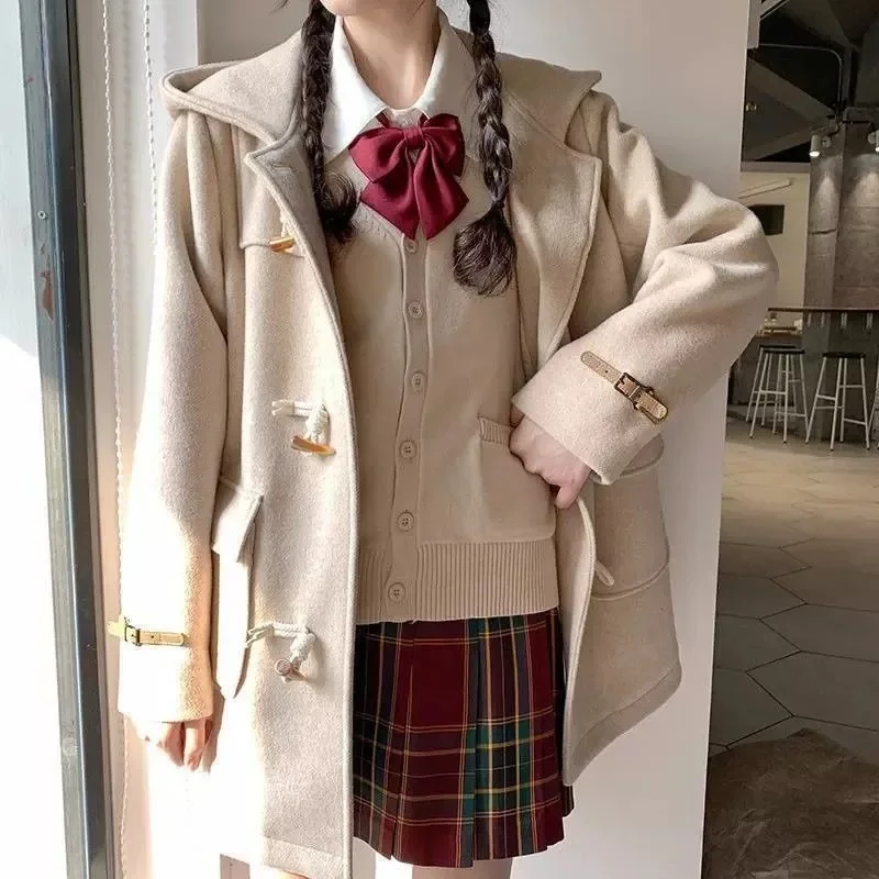 

Harajuku Autumn Winter Tweed Jacket Women Japanese Y2k Kawaii Hooded Wool Blends Preppy Style Coat Vintage Aesthetic