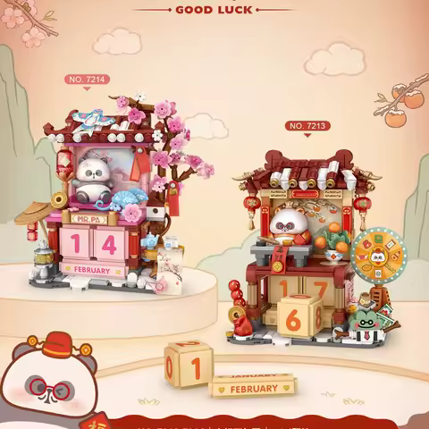 Little Rake's Lucky Peach Blossom Building Block Set, Creative Street Scene Building Block Model Ornament, Gift Idea