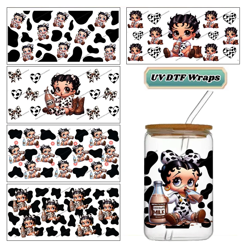 Cow Print Retro Girl Milk UV DTF Cup Wrap Stickers Waterproof No Heat Transfer Print For 16oz Libbey Glass Can Tumbler Decal
