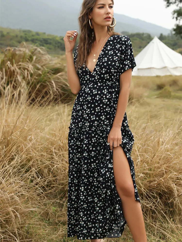 

2022 New Spring Women's Bohemian Ruffled Floral Printed Dress Sexy Boho Style Deep V-neck Long Summer Dress