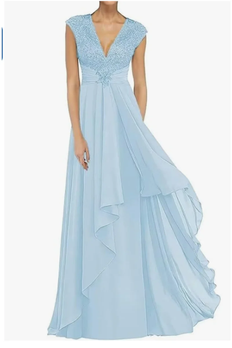 

Lace Appliques Mother of The Bride Dresses for Wedding V Neck Long Chiffon Prom Dress Formal Evening Party Gowns Guests Dress