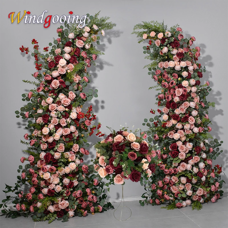 Luxus dunkle FarbeRose Pfingstrose grün Eukalyptus Blatt Hochzeit Ochse Horn Bogen Hintergrund Dekor Blumenarrangement Event Party Bühne Requisiten