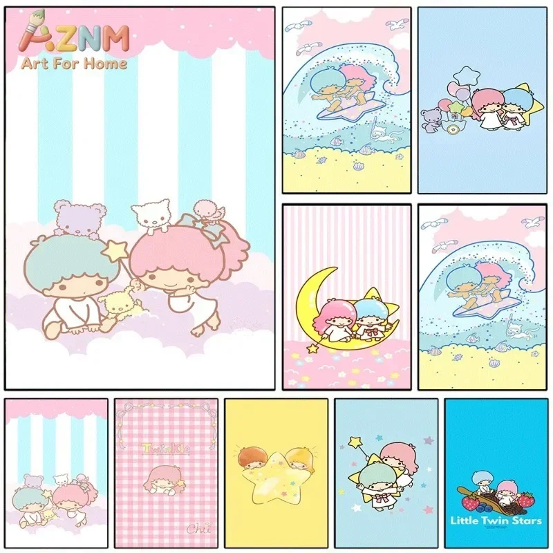 Little Twin Stars Beach Moon Canvas Wall Art Unframed Canvas Poster Cute Kawaii Pastel Cartoon Print for Girls Room Nursery Wall
