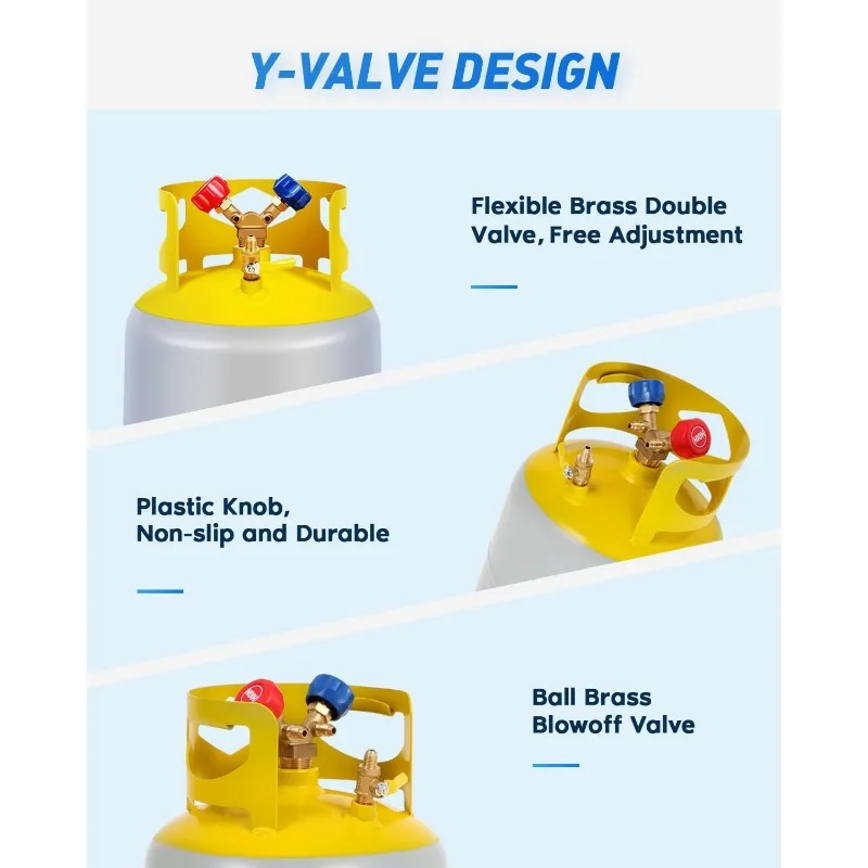 Recovery Tank, 30 Lb Reusable Cylinder Can Double Valve HVAC Tank Reclaim Tank 1/4 SAE Y Valve Gray Yellow