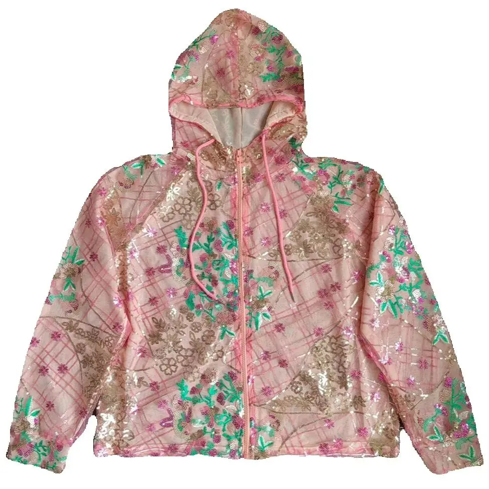 

European Chic Women Sequins Jacket Elegant Colorful Bling Floral Pink Coat Casual Loose Long Sleeves Hoodie Outerwear Ins Spring