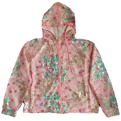 European Chic Women Sequins Jacket Elegant Colorful Bling Floral Pink Coat Casual Loose Long Sleeves Hoodie Outerwear Ins Spring