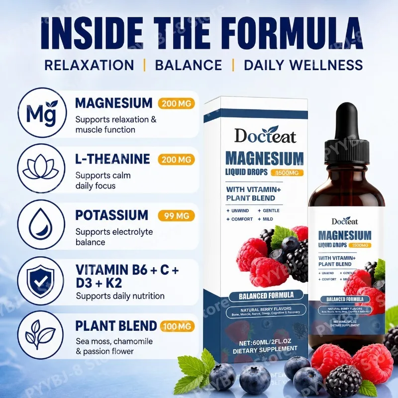 Magnesium Glycinate Liquid Drops 60ml with L-Theanine,chamomile Herbal Extract,Multivitamin Support Sleep Health and Mood Relax