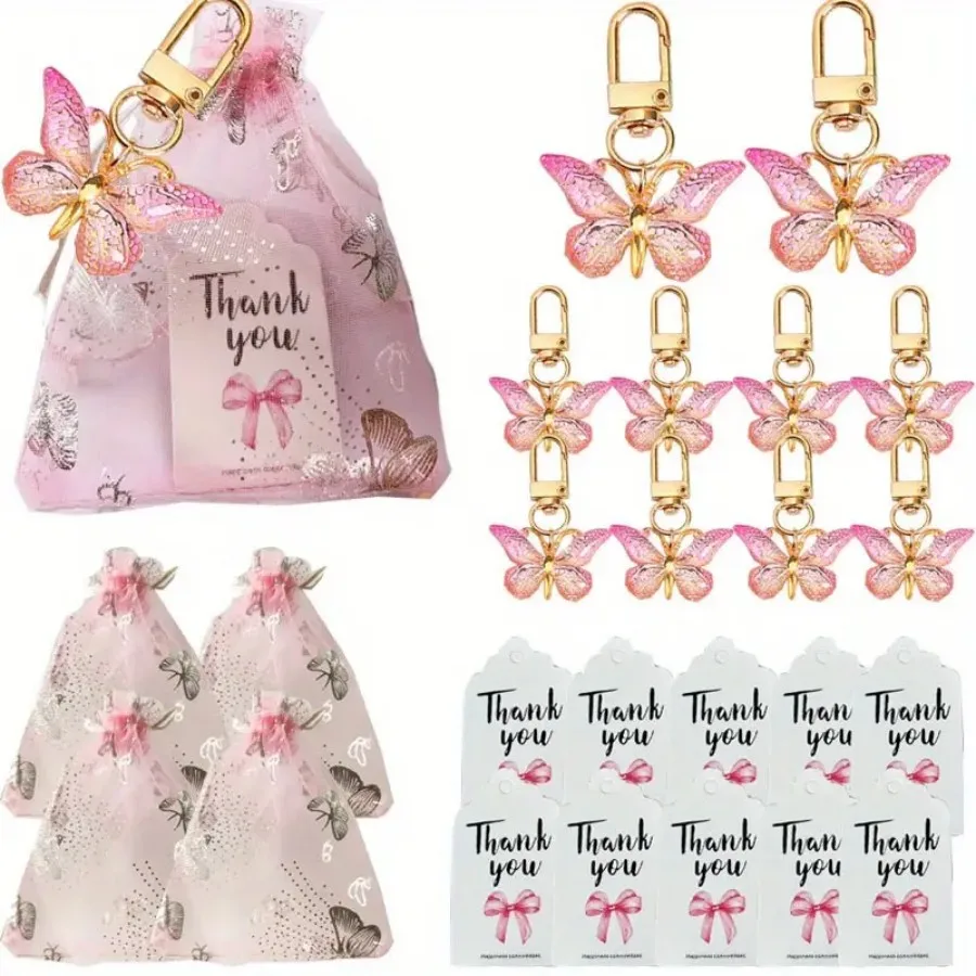 36pcs, Butterfly Keychain Gift Set, 12pcs Acrylic Purple Keychains, 12pcs Brown Cards and 12pcs Organza Drawstring Bags, Gender