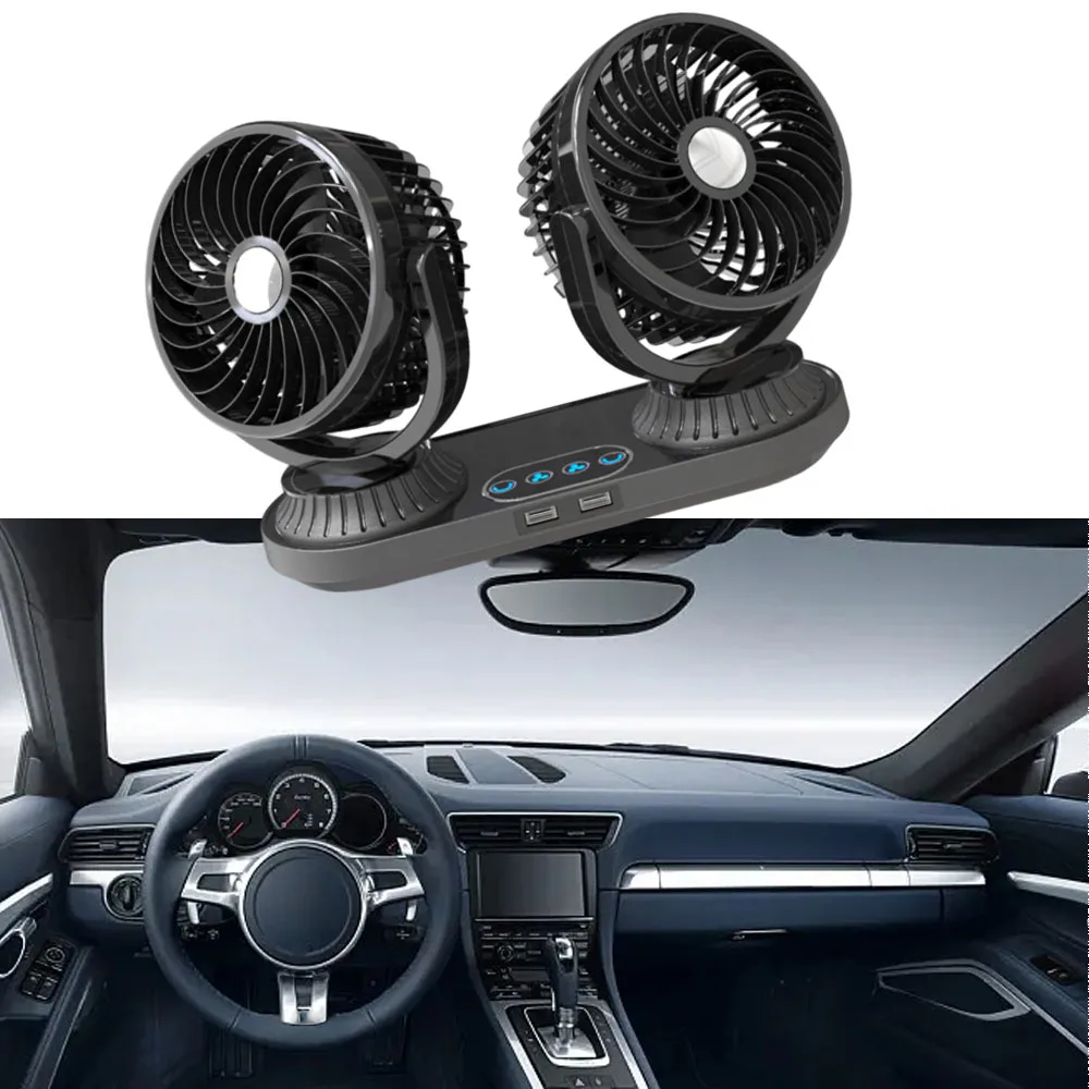 

Car Dual Heads Fan with 2 USB Charging Ports 3 Speeds Multi Angle Adjustment Touch Panel Summer Portable Cooling Fan Truck Fan