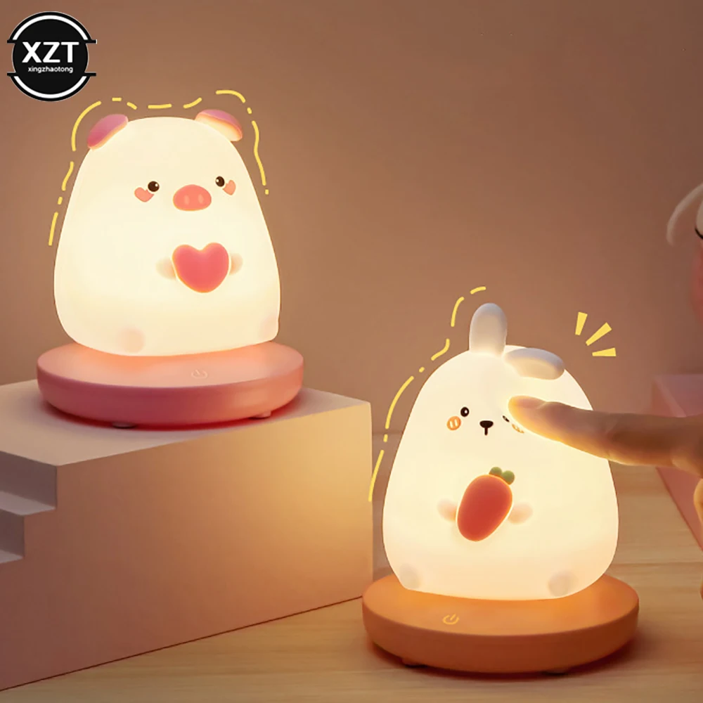 Lâmpada de silicone LED para crianças, animal bonito, porco, coelho, sensor de toque, regulável, luz noturna do quarto do miúdo, recarregável
