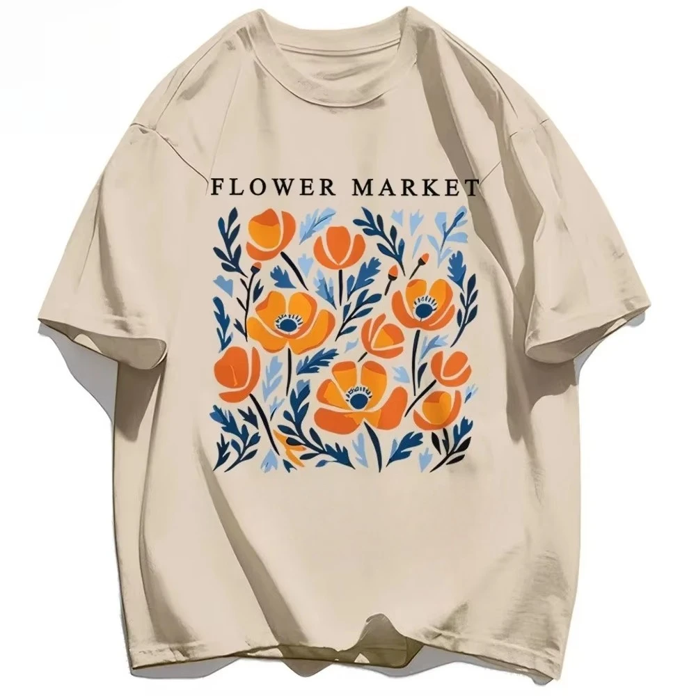 Summer New Style Streetwear Loose Men Women T-shirt Flower Market Floral Graphic Print Soft Cotton Breathable Daily Casual Tops