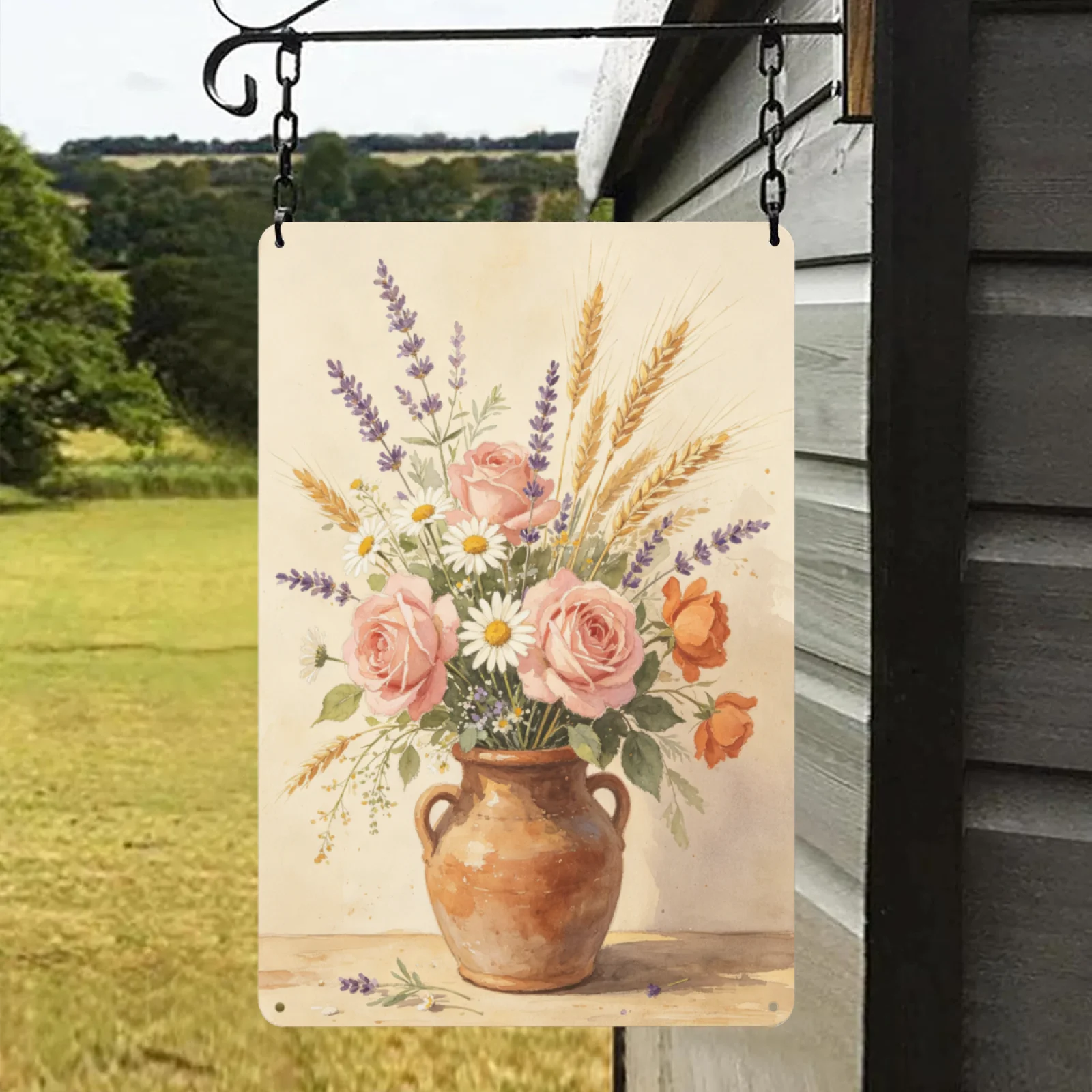 Vintage Vase Rose Lavender Daisy Wheat Metal Tin Sign Watercolor Floral Still Life Wall Art Farmhouse Home Decor Iron Plaque