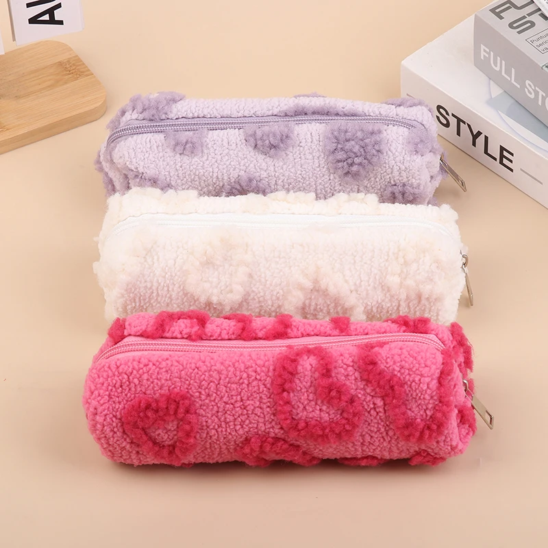 Plush Makeup Bags With Handle Soft Travel Cosmetic Storage Bag Portable Love Print Organizer Pencil Case Cute Clutch Pouch
