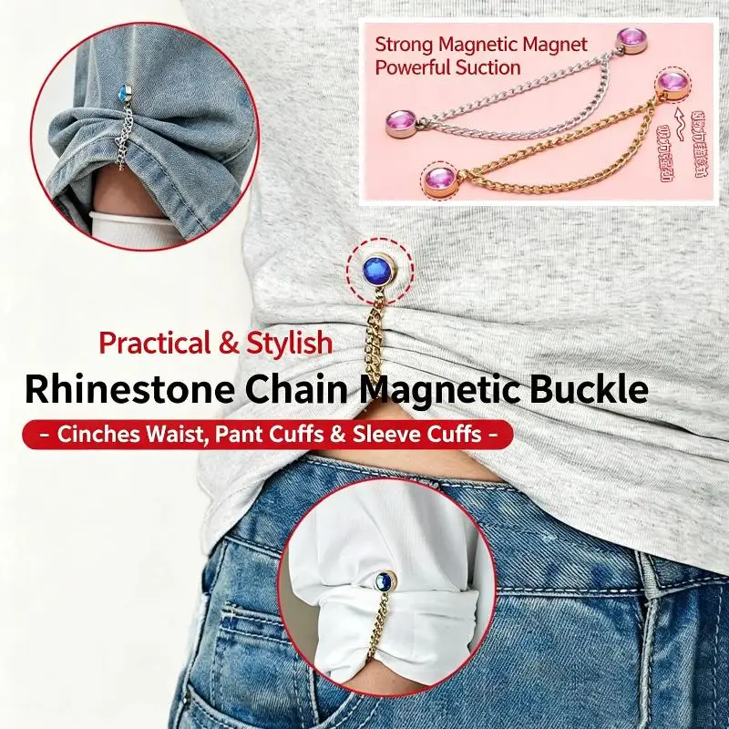 Rhinestone Waist Tightening Clips 2 Pcs Magnetic Adjustable Chain Waist Cincher for Loose Jeans Skirt Casual Outfits